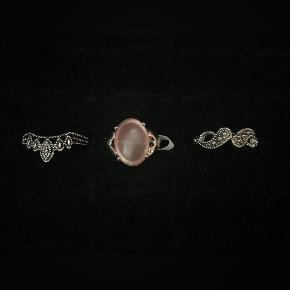 New x3 Silver Tone Ring Synthetic Rose Quartz Moonstone Boho Fashion Set Sz 5/6